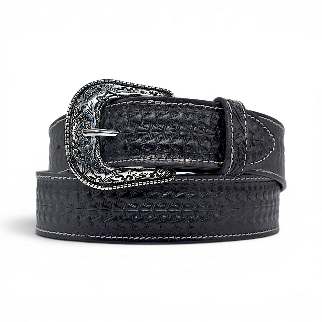 Western Engraved Leather Belt for Men in Premium Veg-Tanned Buffalo Leather – Black | Antique Silver Buckle