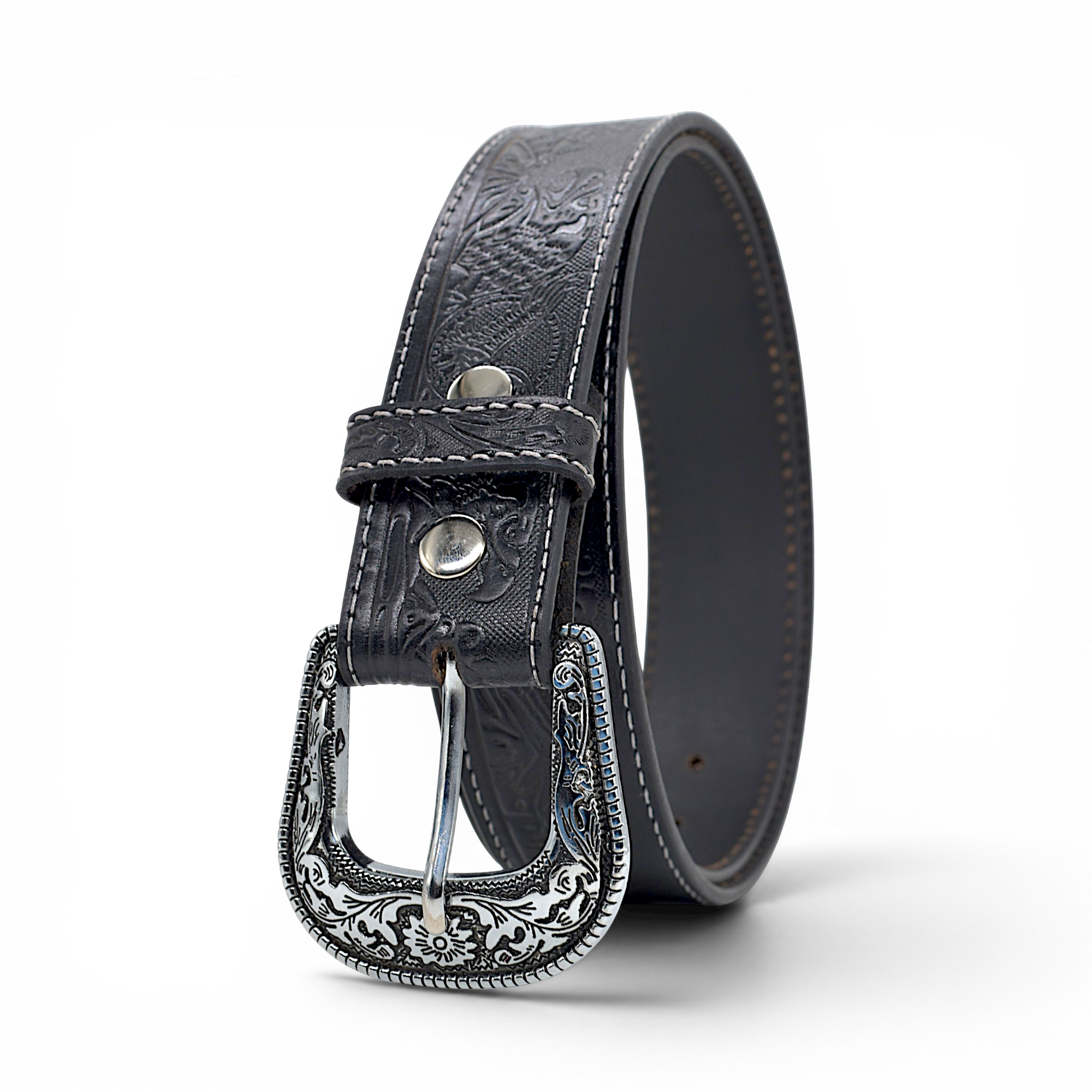 Western Tooled Leather Belt for Men in Premium Veg-Tanned Buffalo Leather – Black | Engraved Silver Buckle