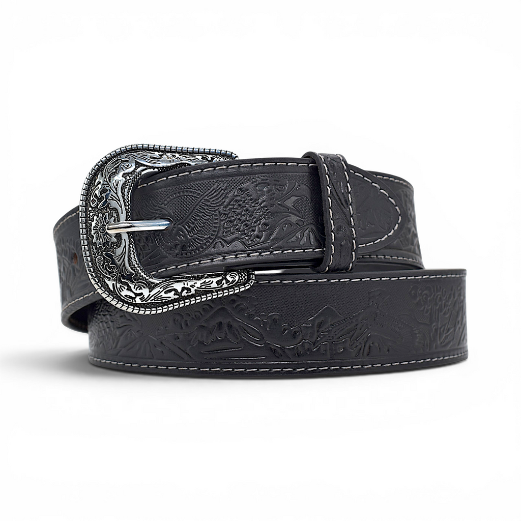Western Tooled Leather Belt for Men in Premium Veg-Tanned Buffalo Leather – Black | Engraved Silver Buckle