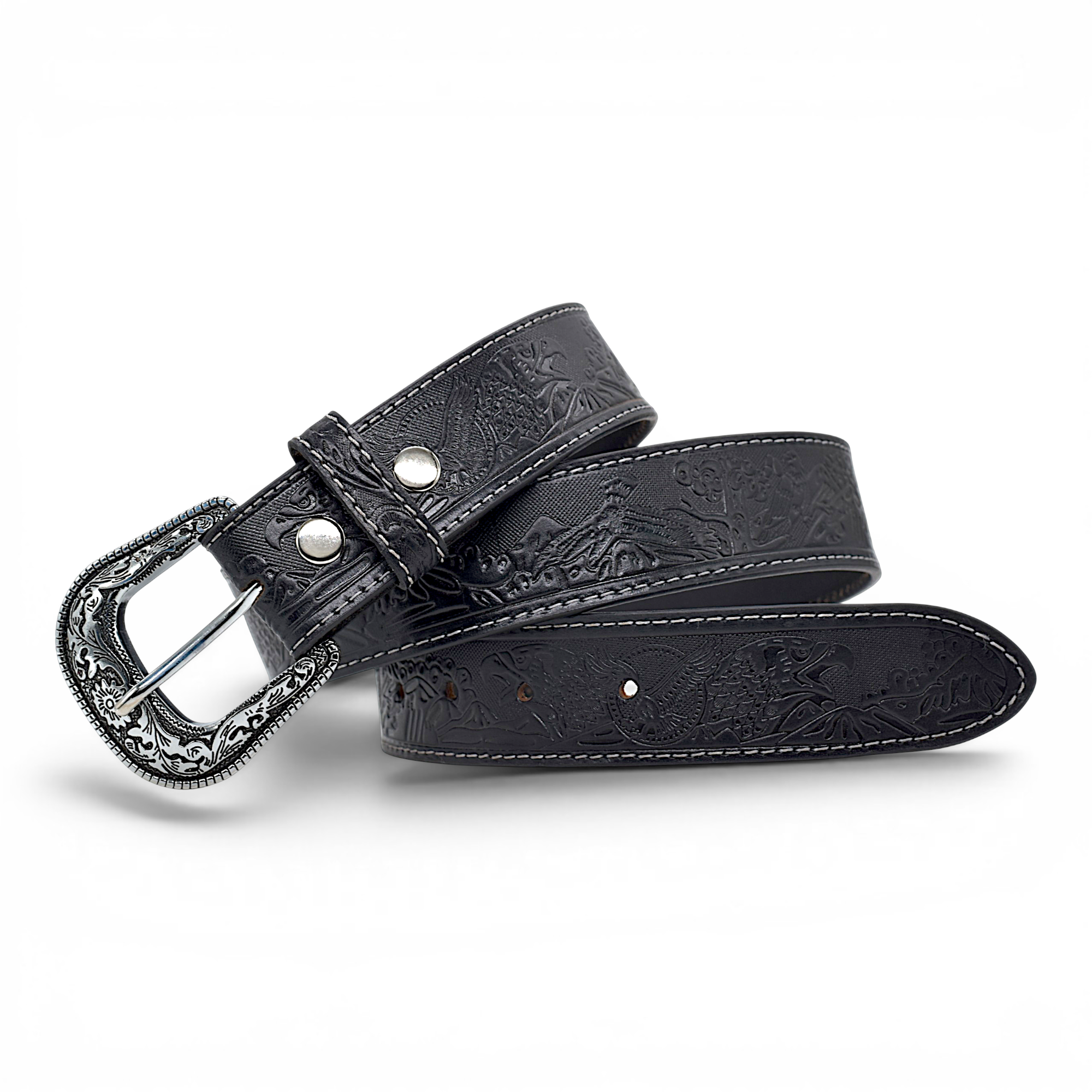 Western Tooled Leather Belt for Men in Premium Veg-Tanned Buffalo Leather – Black | Engraved Silver Buckle