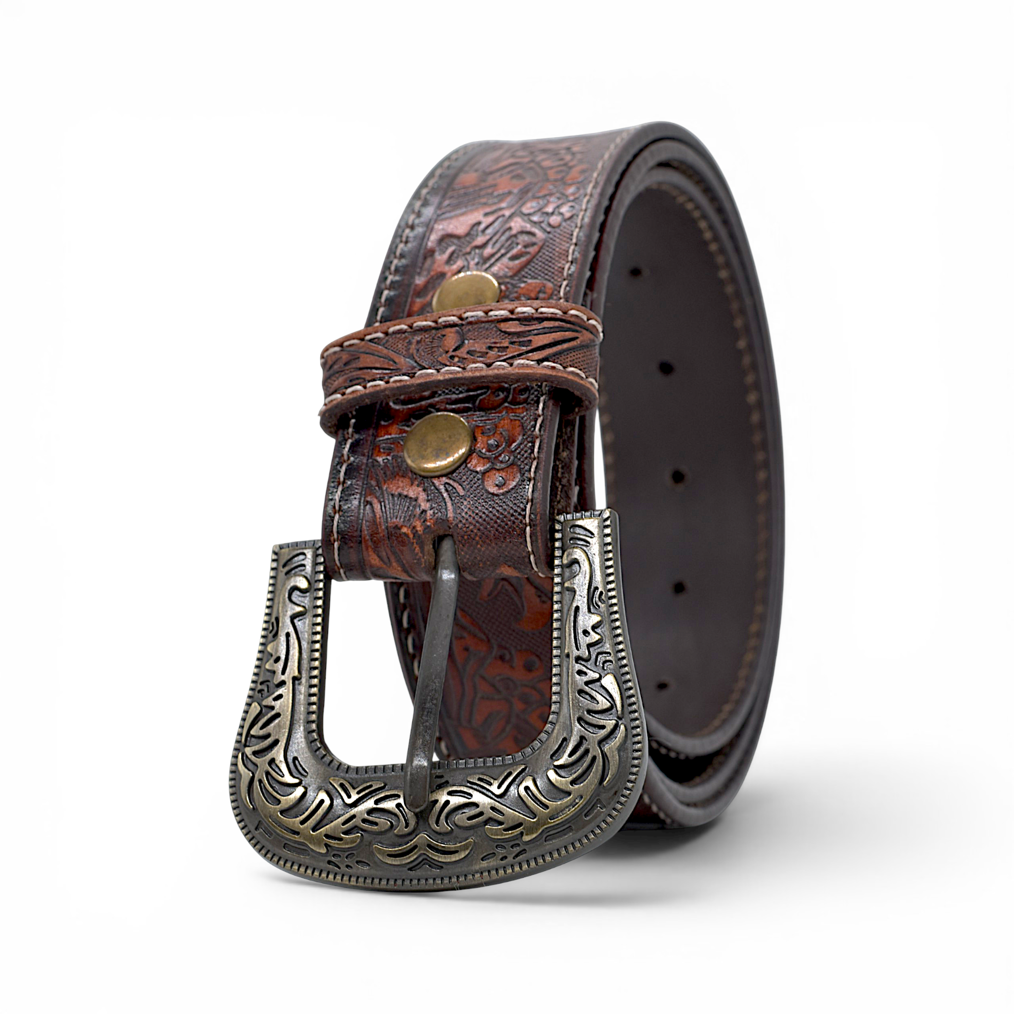 Hand-Tooled Western Leather Belt for Men in Veg-Tanned Buffalo Leather – Tan Brown | Antique Brass Buckle