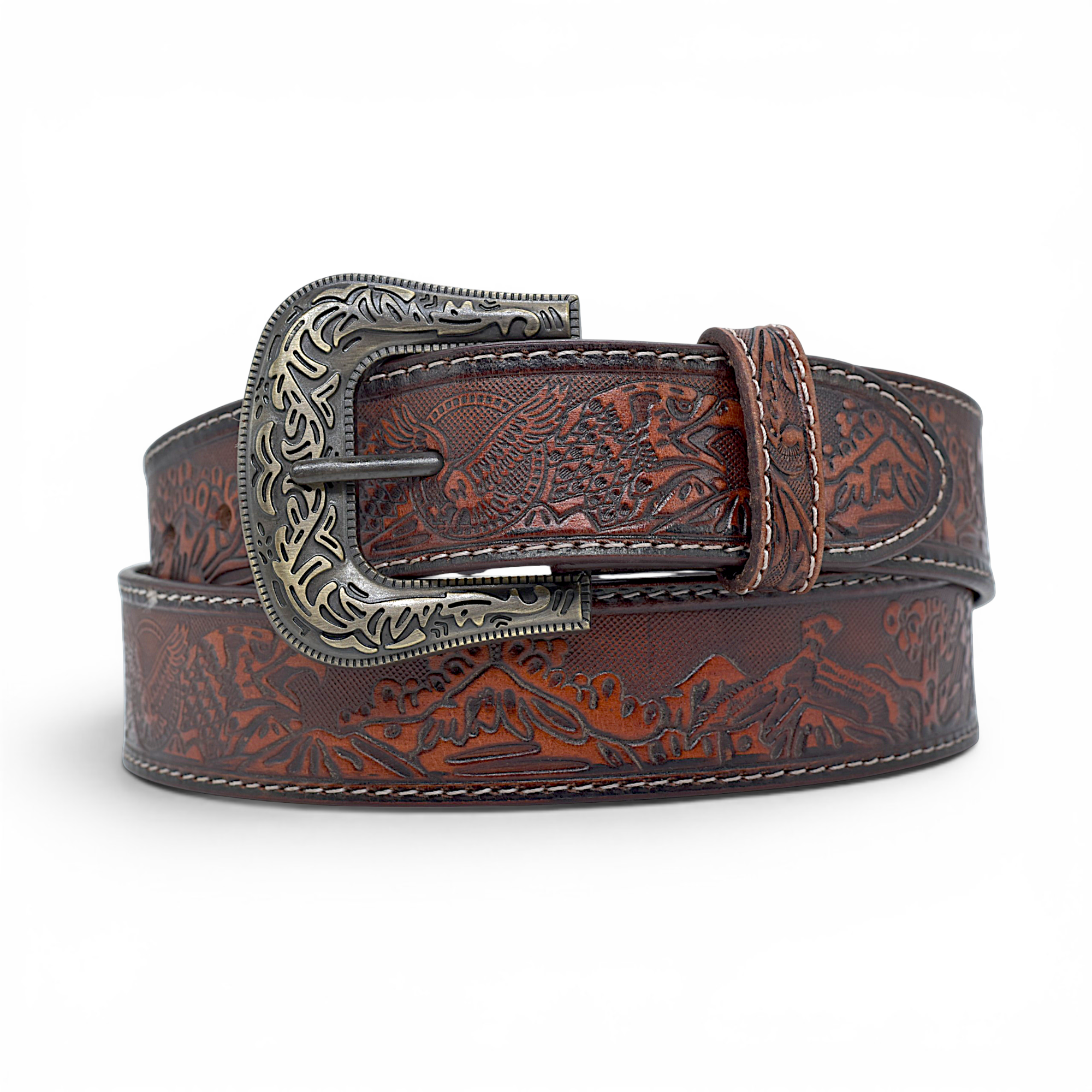 Hand-Tooled Western Leather Belt for Men in Veg-Tanned Buffalo Leather – Tan Brown | Antique Brass Buckle
