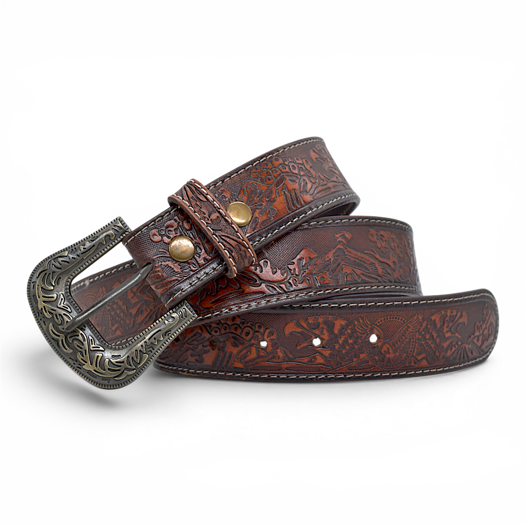 Hand-Tooled Western Leather Belt for Men in Veg-Tanned Buffalo Leather – Tan Brown | Antique Brass Buckle