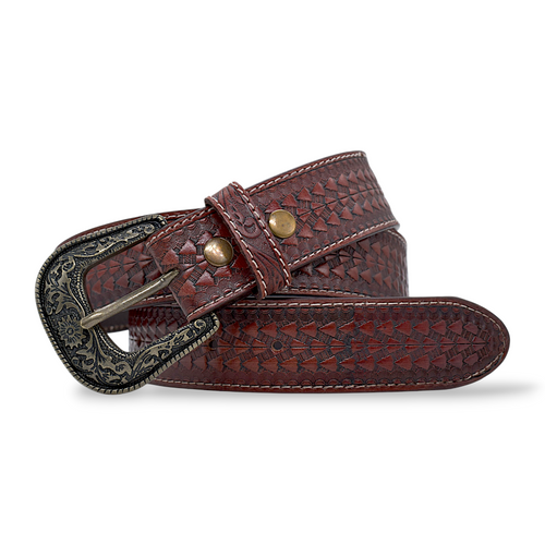 Vintage Western Leather Belt for Men in Veg-Tanned Buffalo Leather – Brown | Antique Engraved Buckle