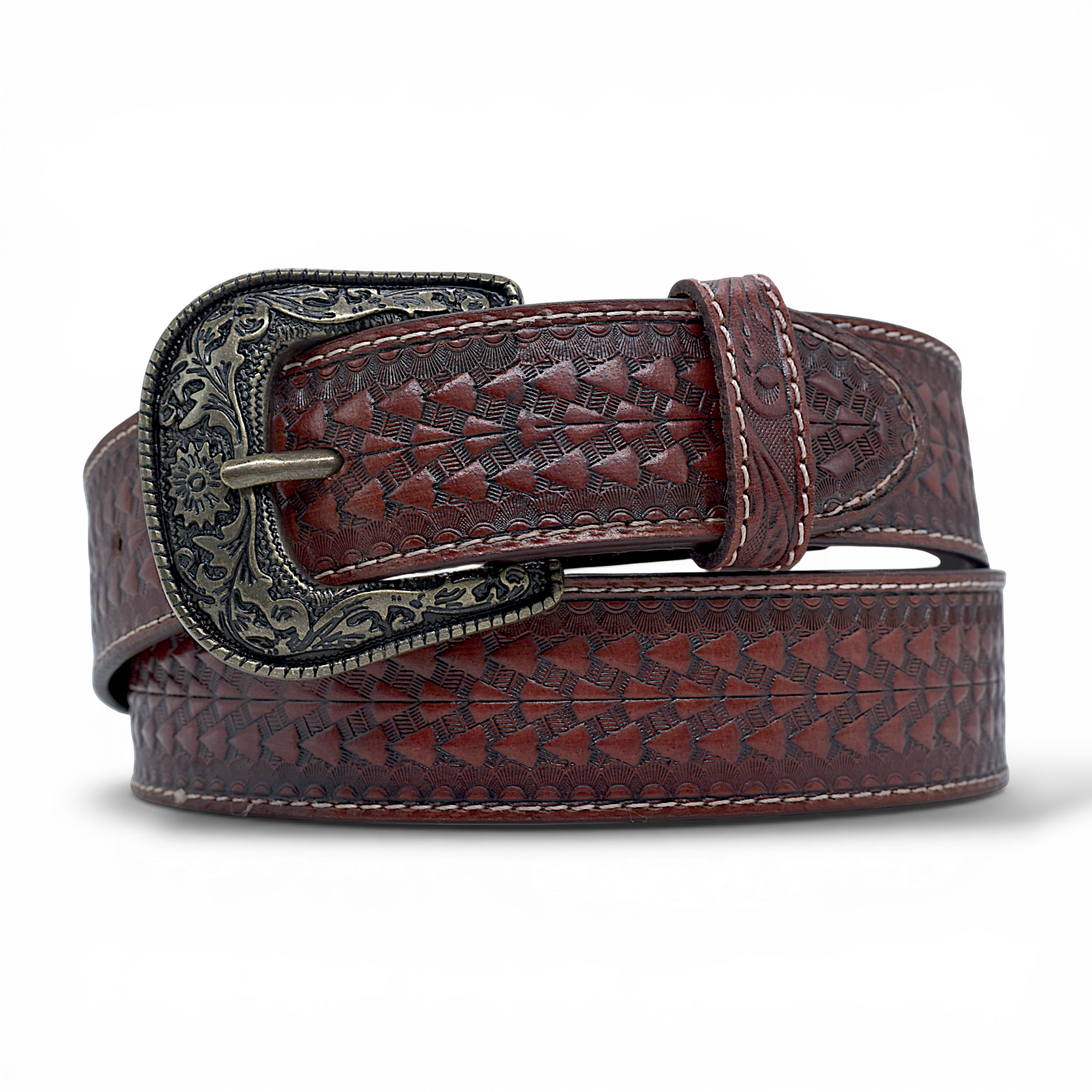 Vintage Western Leather Belt for Men in Veg-Tanned Buffalo Leather – Brown | Antique Engraved Buckle