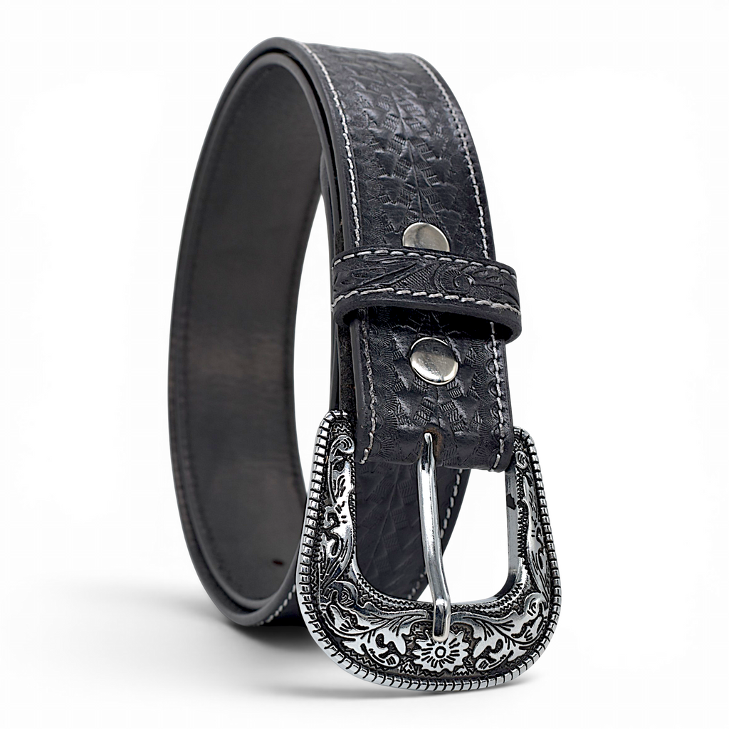 Western Engraved Leather Belt for Men in Premium Veg-Tanned Buffalo Leather – Black | Antique Silver Buckle