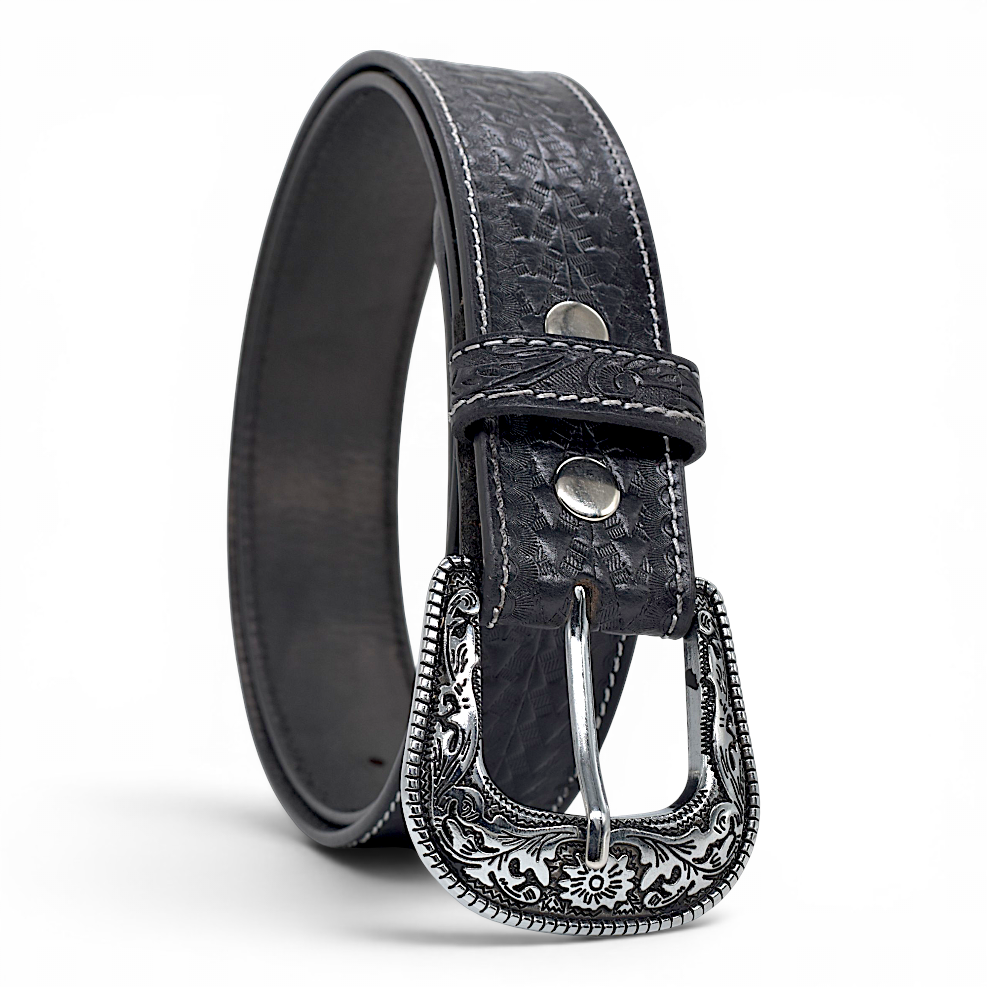 Western Engraved Leather Belt for Men in Premium Veg-Tanned Buffalo Leather – Black | Antique Silver Buckle