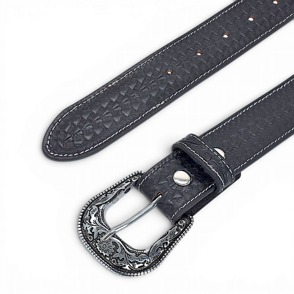Western Engraved Leather Belt for Men in Premium Veg-Tanned Buffalo Leather – Black | Antique Silver Buckle