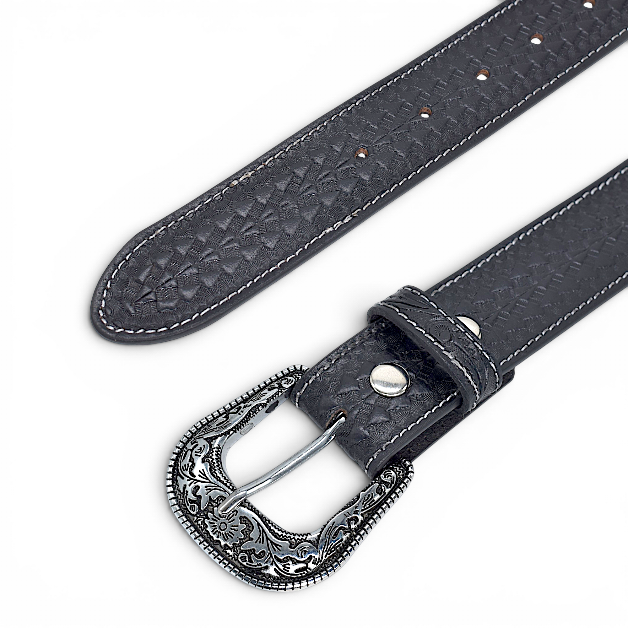 Western Engraved Leather Belt for Men in Premium Veg-Tanned Buffalo Leather – Black | Antique Silver Buckle