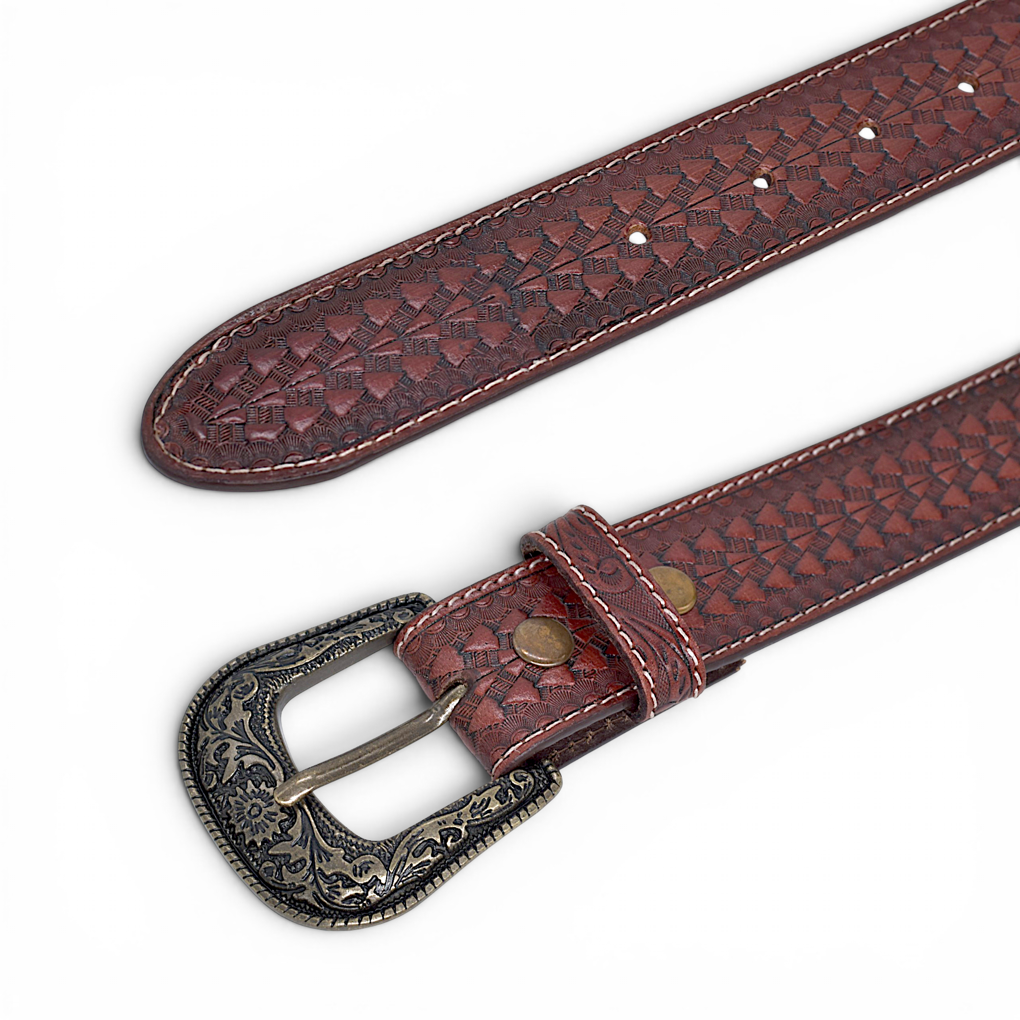 Vintage Western Leather Belt for Men in Veg-Tanned Buffalo Leather – Brown | Antique Engraved Buckle