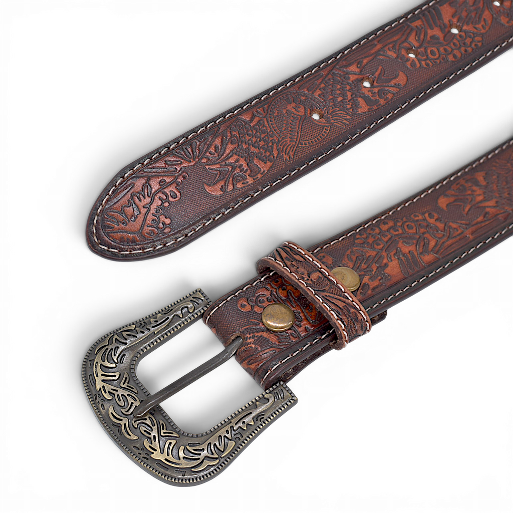 Hand-Tooled Western Leather Belt for Men in Veg-Tanned Buffalo Leather – Tan Brown | Antique Brass Buckle