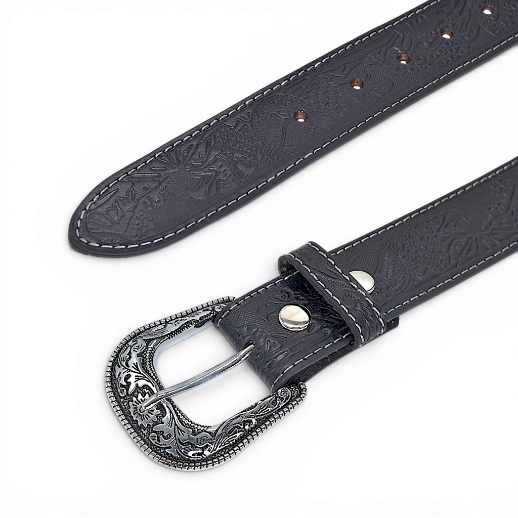 Western Tooled Leather Belt for Men in Premium Veg-Tanned Buffalo Leather – Black | Engraved Silver Buckle