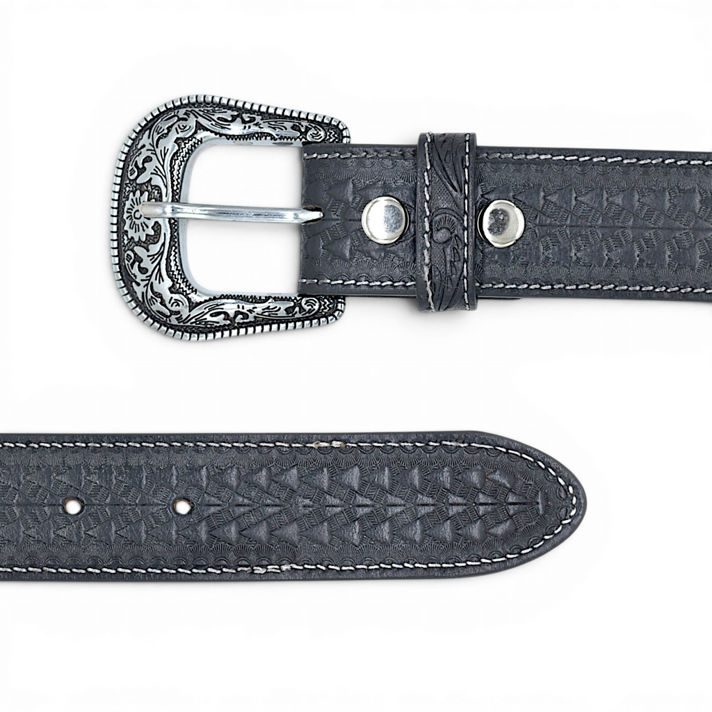 Western Engraved Leather Belt for Men in Premium Veg-Tanned Buffalo Leather – Black | Antique Silver Buckle