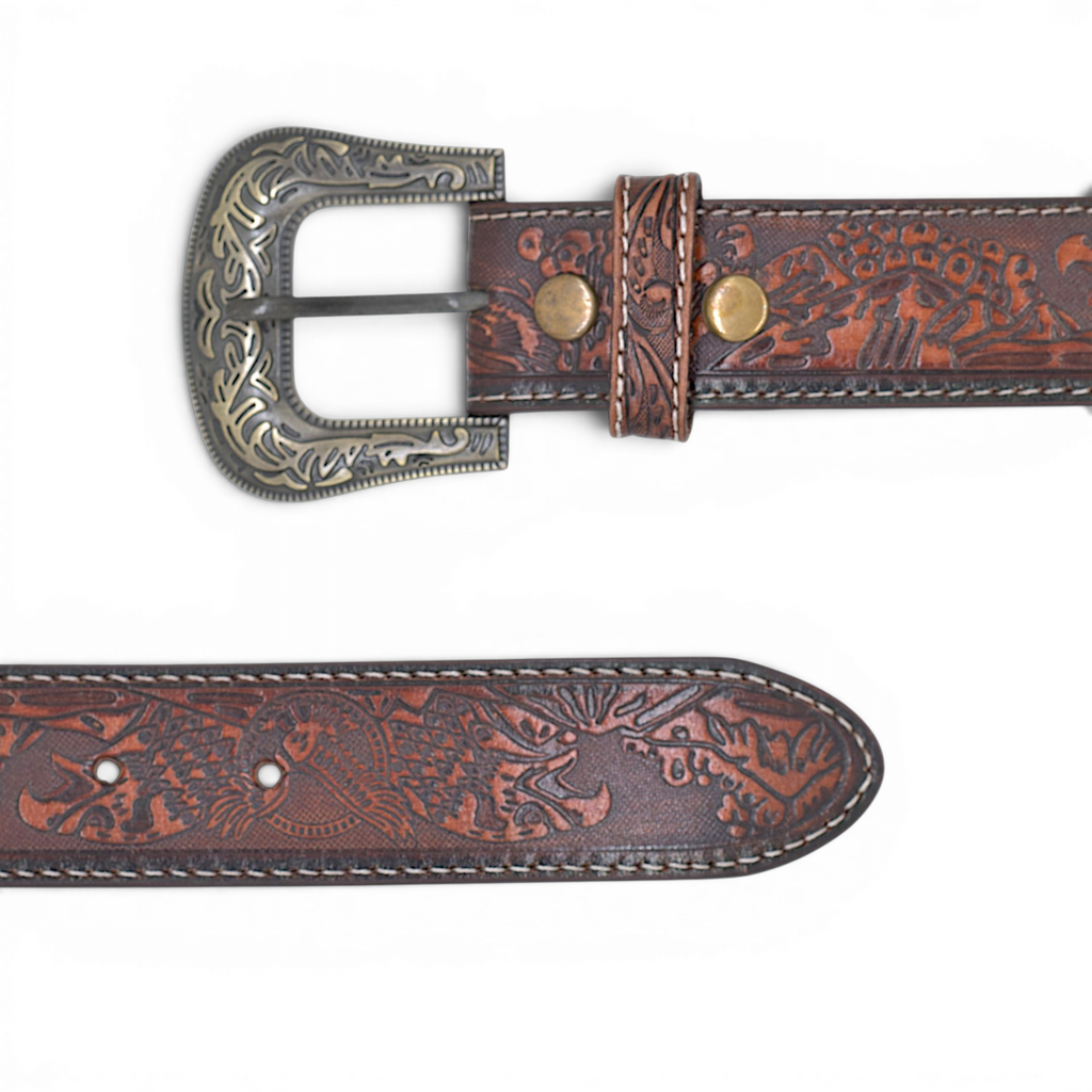 Hand-Tooled Western Leather Belt for Men in Veg-Tanned Buffalo Leather – Tan Brown | Antique Brass Buckle
