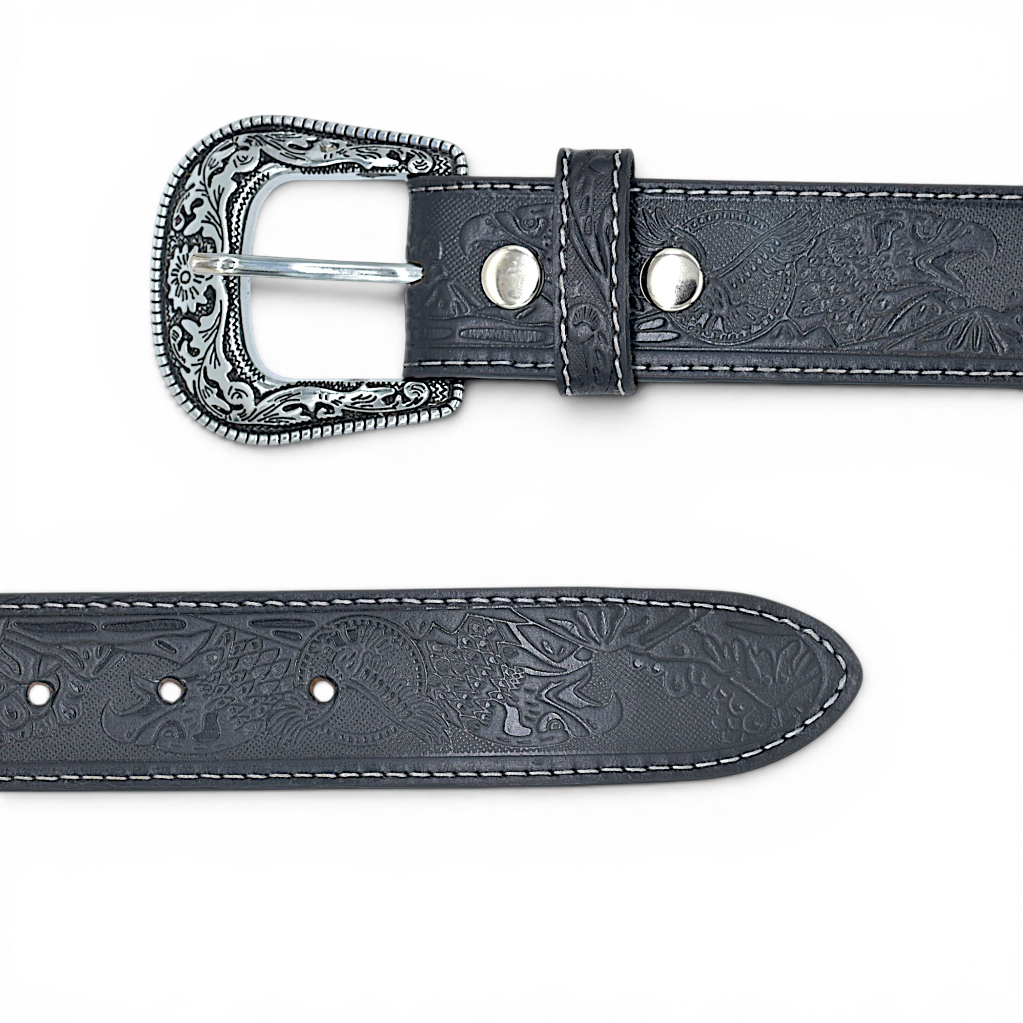 Western Tooled Leather Belt for Men in Premium Veg-Tanned Buffalo Leather – Black | Engraved Silver Buckle