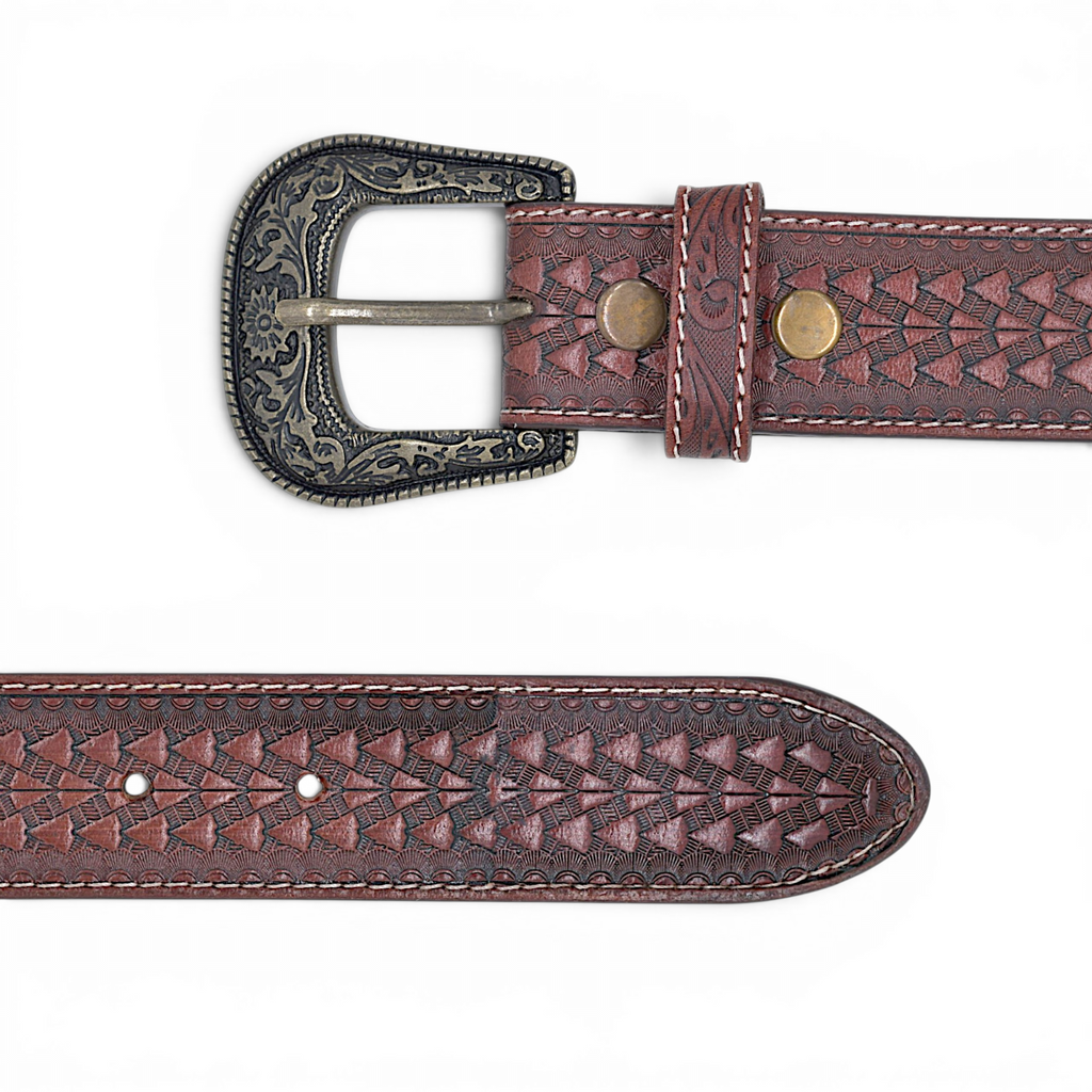 Vintage Western Leather Belt for Men in Veg-Tanned Buffalo Leather – Brown | Antique Engraved Buckle